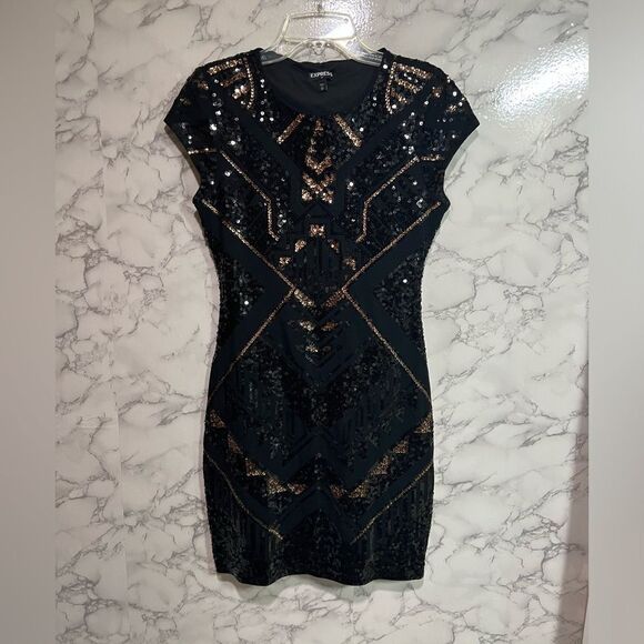 Express Black and Gold Sequin Mini Dress - Picture 1 of 6